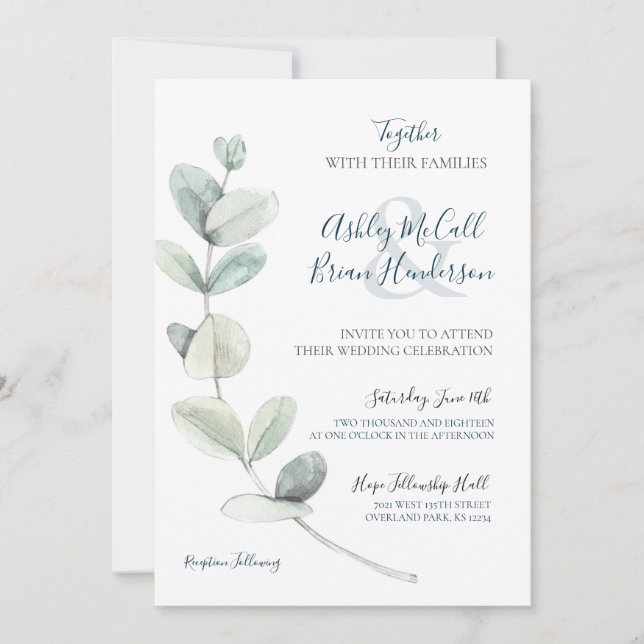 Modern Watercolor Eucalyptus Wedding Invite (Front)