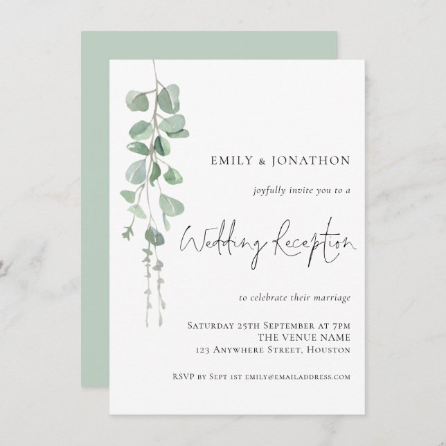 Modern Watercolor Eucalyptus Wedding Reception Invitation (Front/Back)