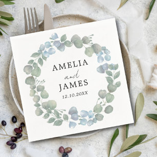 Modern Watercolor Eucalyptus Wreath Wedding Napkin