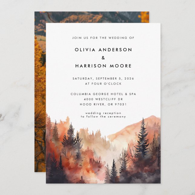 Modern Watercolor Fall Mountain Photo Wedding  Invitation (Front/Back)