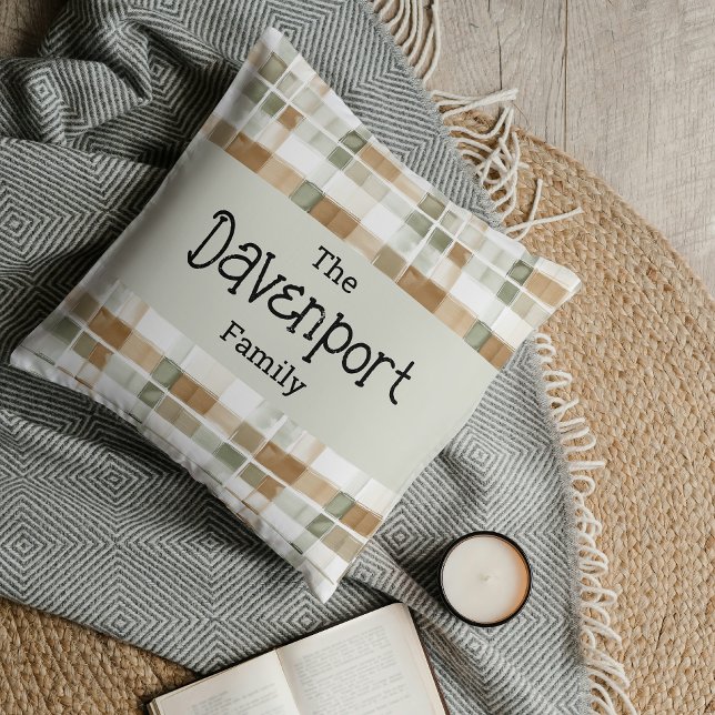 Modern Watercolor Fall Plaid Family Name Cushion (Creator Uploaded)