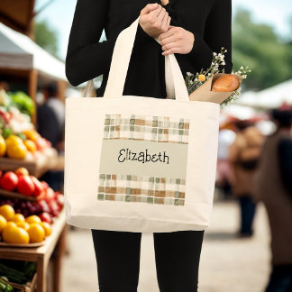 Modern Watercolor Fall Plaid Large Tote Bag