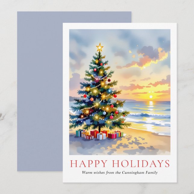 Modern Watercolor Festive Beach Coastal Christmas Holiday Card (Front/Back)