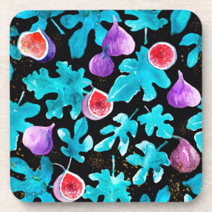 Modern Watercolor Figs Fruit on Black Coaster