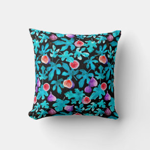 Modern Watercolor Figs Fruit on Black Cushion