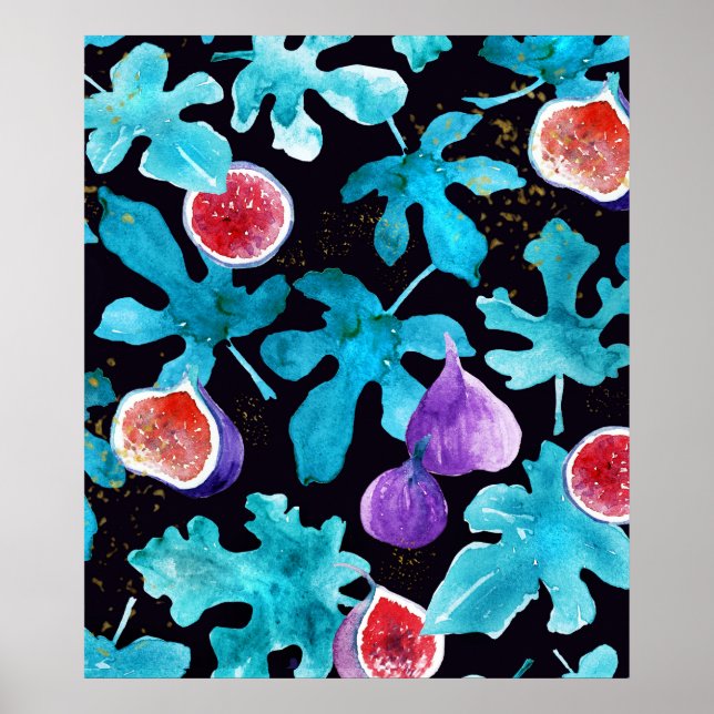Modern Watercolor Figs Fruit on Black Throw Pillow Poster (Front)