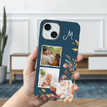 Modern Watercolor Floral 2-Photo Monogram iPhone 15 Case<br><div class="desc">Trendy and modern corner cluster of pretty watercolor flowers,  two square photo templates and monogram text field with customisable background colour.</div>