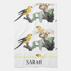 Modern Watercolor Floral Birds Monogrammed Tea Towel