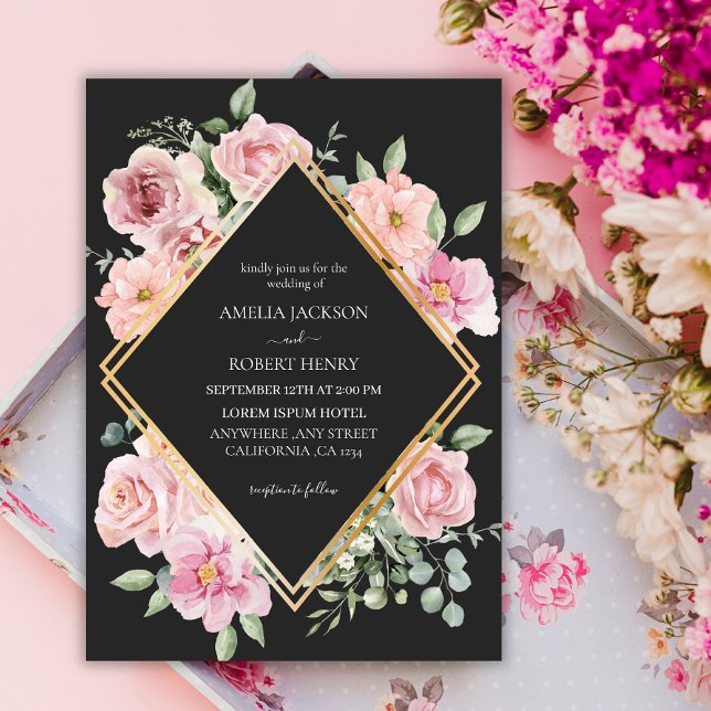 Modern watercolor floral Black and gold Wedding Invitation (Creator Uploaded)