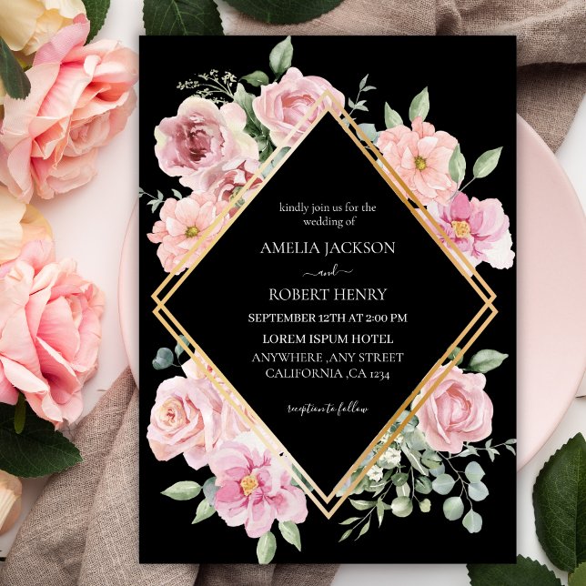 Modern watercolor floral Black and gold Wedding Invitation (Creator Uploaded)