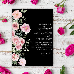 Modern watercolor floral Black and pink Wedding Invitation