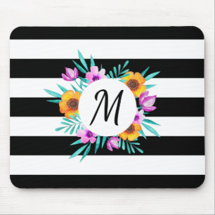 Modern Watercolor Floral Black Stripes Monogram Mouse Pad