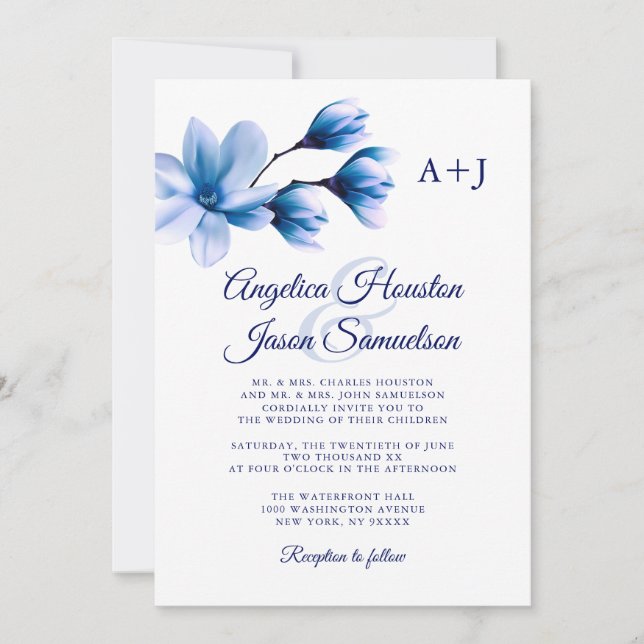 Modern Watercolor Floral Blue Navy White Wedding Invitation (Front)