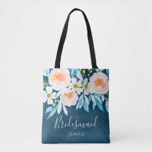 Modern Watercolor Floral Blue Wedding Bridesmaid Tote Bag
