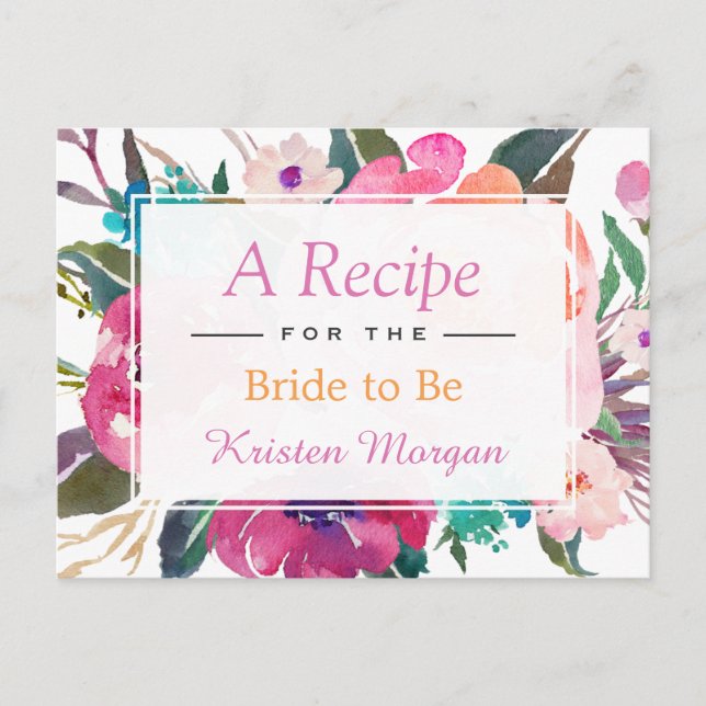 Modern Watercolor Floral Bridal Shower Recipe Postcard (Front)
