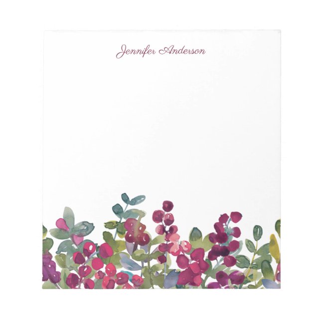 Modern Watercolor Floral Burgundy Buds Personalise Notepad (Front)