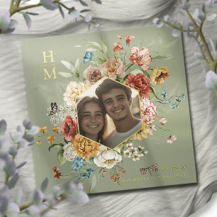 Modern Watercolor Floral Couple Photo Wedding gold Guest Book