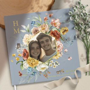 Modern Watercolor Floral Couple Photo Wedding gold Guest Book