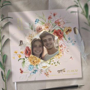 Modern Watercolor Floral Couple Photo Wedding gold Guest Book