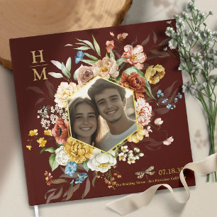 Modern Watercolor Floral Couple Photo Wedding gold Guest Book
