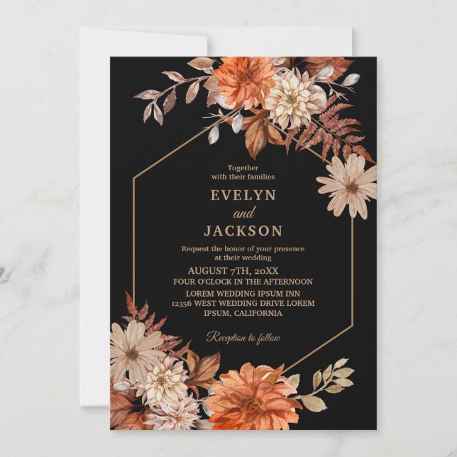  Modern watercolor floral fall Wedding Black Invitation (Front)
