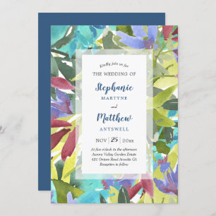 Modern Watercolor Floral Foliage Turquoise Wedding Invitation