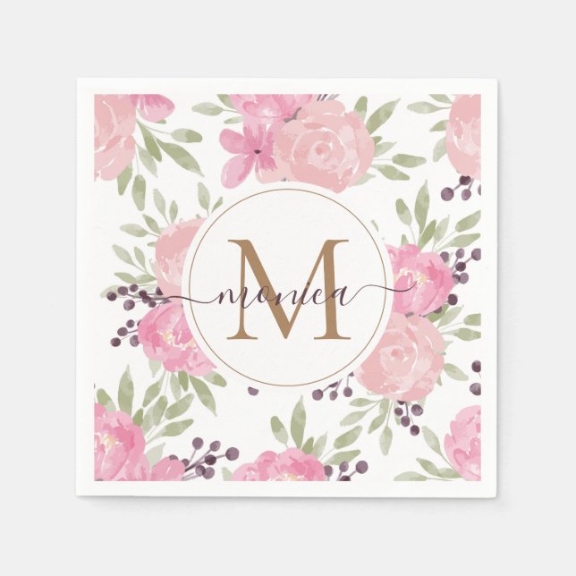 Modern Watercolor Floral Gold Monogram Name Napkin (Front)