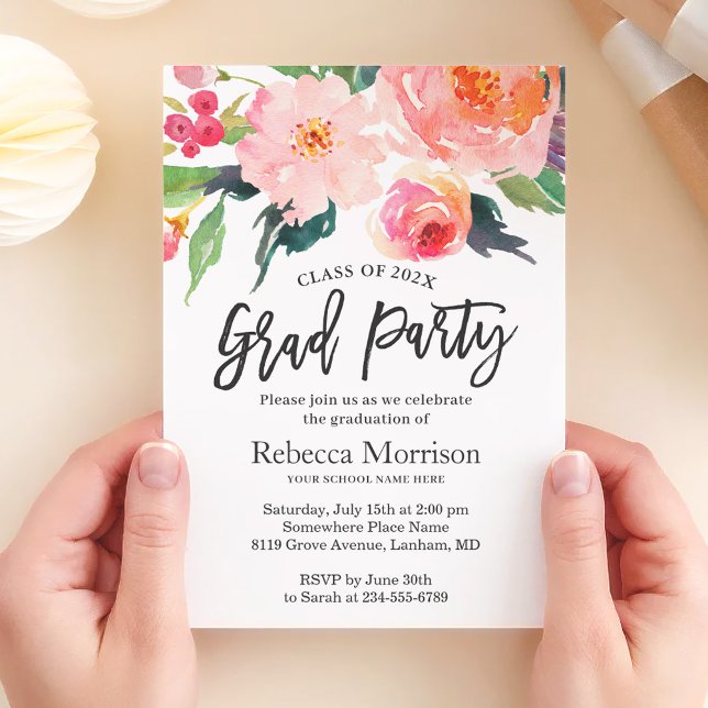 Modern Watercolor Floral Graduation Party Invitation (Creator Uploaded)