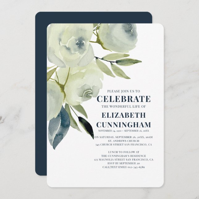 Modern Watercolor Floral Memorial Invitation (Front/Back)