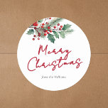 Modern Watercolor Floral Merry Christmas Classic Round Sticker<br><div class="desc">Merry Christmas gift stickers with elegant minimalist typography and watercolor floral illustration.</div>