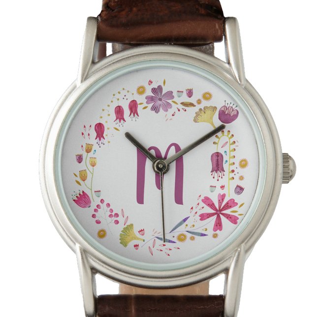 Modern Watercolor Floral Monogram Watch (Monogram floral wreath personalized initial watch)