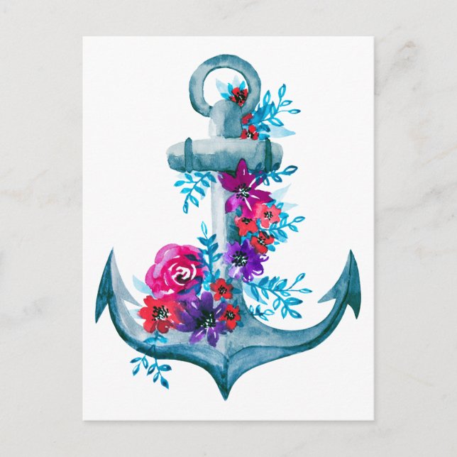 Modern Watercolor Floral Nautical Blue Anchor Postcard (Front)