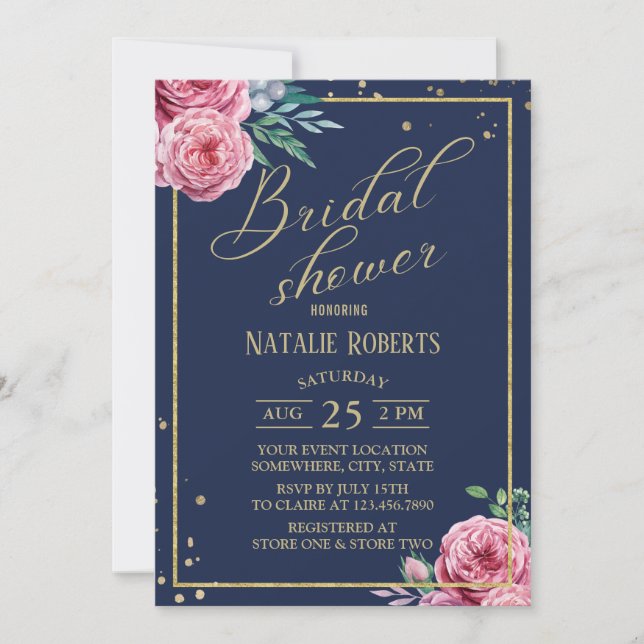Modern Watercolor Floral Navy & Gold Bridal Shower Invitation (Front)