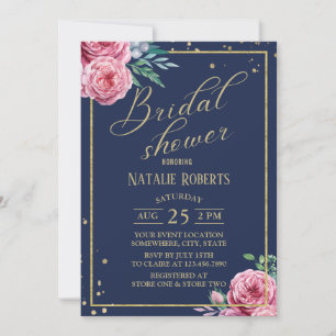 Modern Watercolor Floral Navy & Gold Bridal Shower Invitation