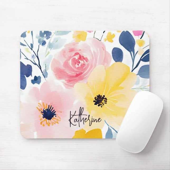 Modern Watercolor Floral Pattern Mouse Pad (With Mouse)