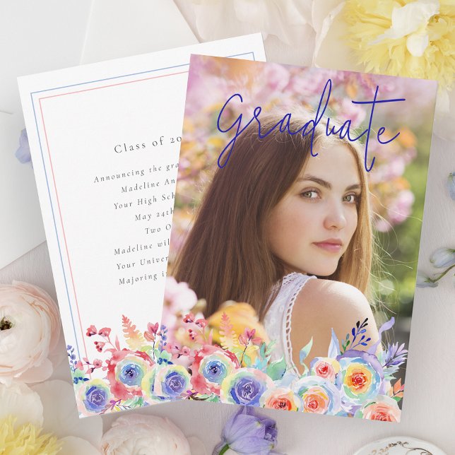 Modern Watercolor Floral Photo Graduation Announcement (Creator Uploaded)