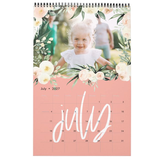 Modern watercolor floral photo script calendar (Jul 2027)