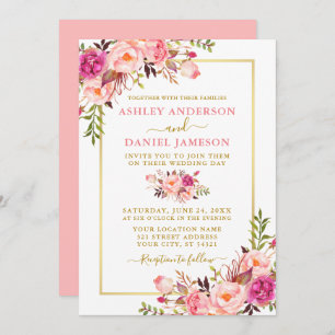 Modern Watercolor Floral Pink Blush Gold Wedding Invitation