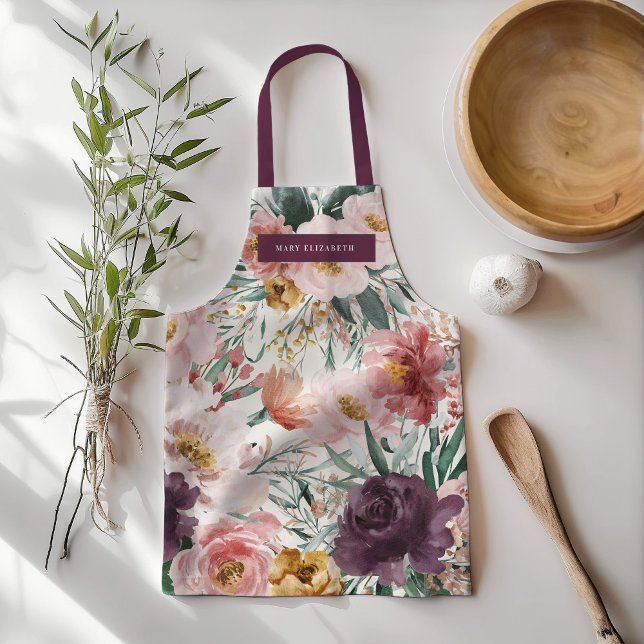 Modern watercolor floral purple elegant apron (Creator Uploaded)