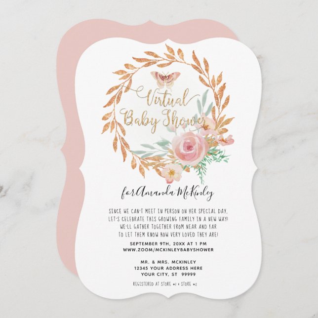Modern Watercolor Floral Rose Gold Virtual Shower Invitation (Front/Back)