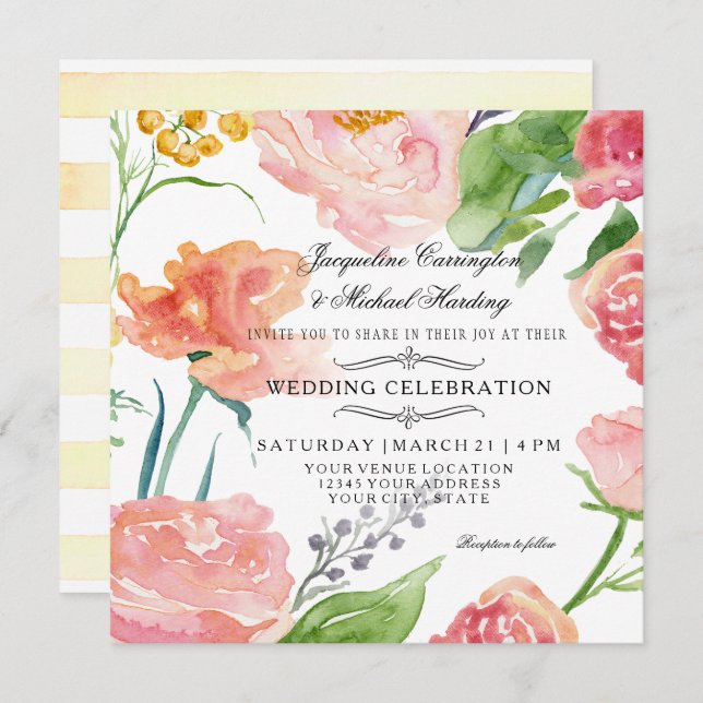 Modern Watercolor Floral Rose Wild Flower Wedding Invitation (Front/Back)