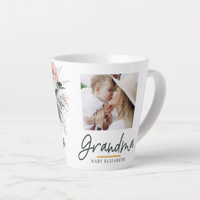 Modern watercolor floral script grandma photo latte mug (Right Angle)