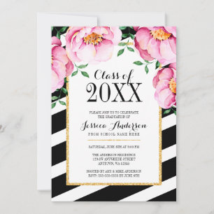 Modern Watercolor Floral Stripes Graduation Party Invitation