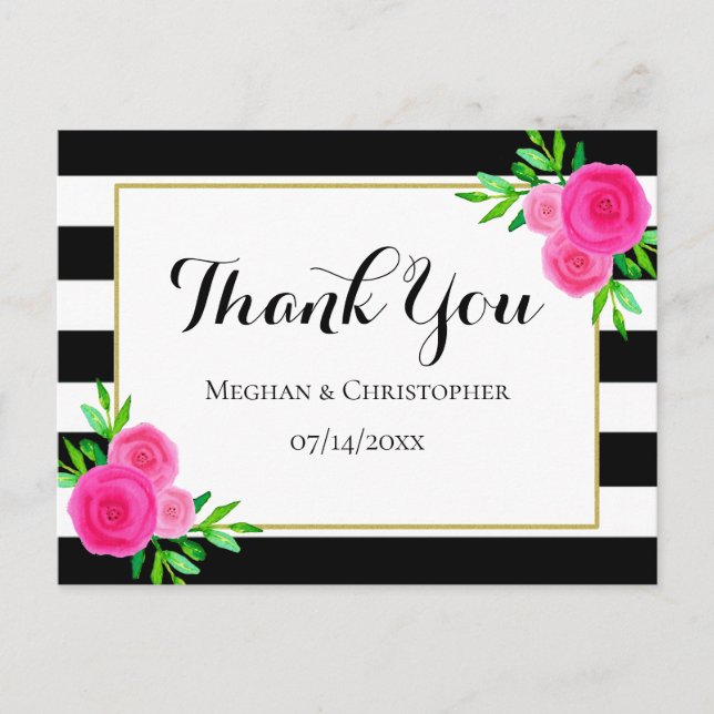 Modern Watercolor Floral Stripes Wedding Thank You Postcard (Front)