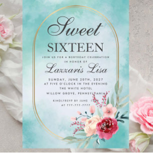 Modern Watercolor Floral Sweet Sixteen Birthday Invitation