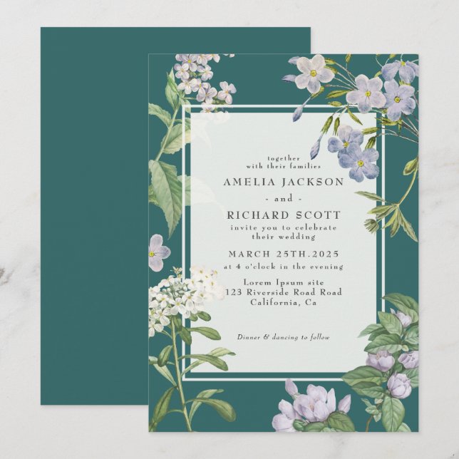 Modern Watercolor floral teal rustic fall wedding Invitation (Front/Back)