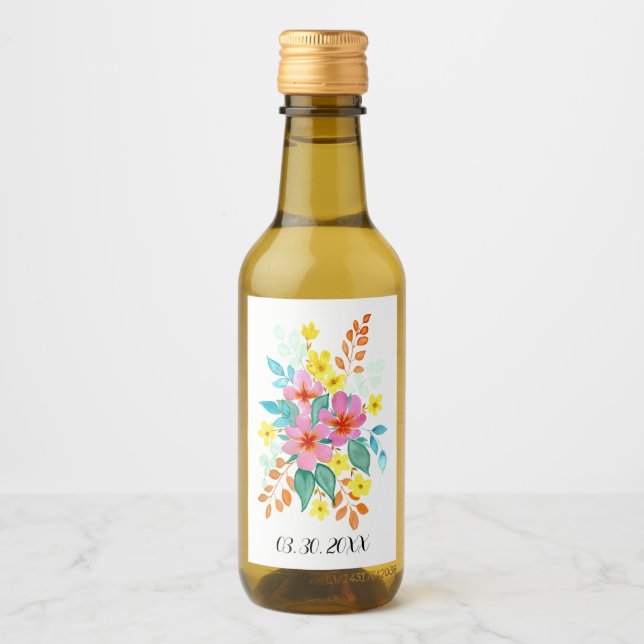 Modern Watercolor Florals in Bright Colours Wine Label (Front)