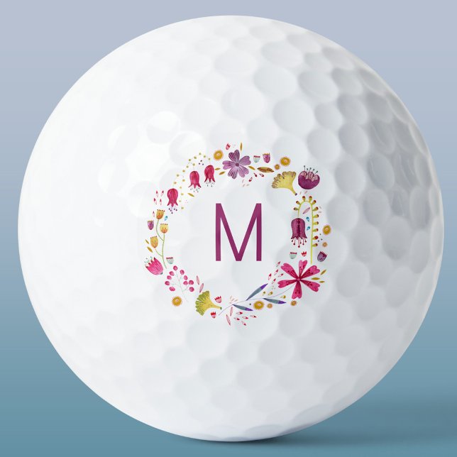 Modern Watercolor Flower Monogram Golf Balls (Modern monogram initial personalized watercolor wildflower floral golf ball)