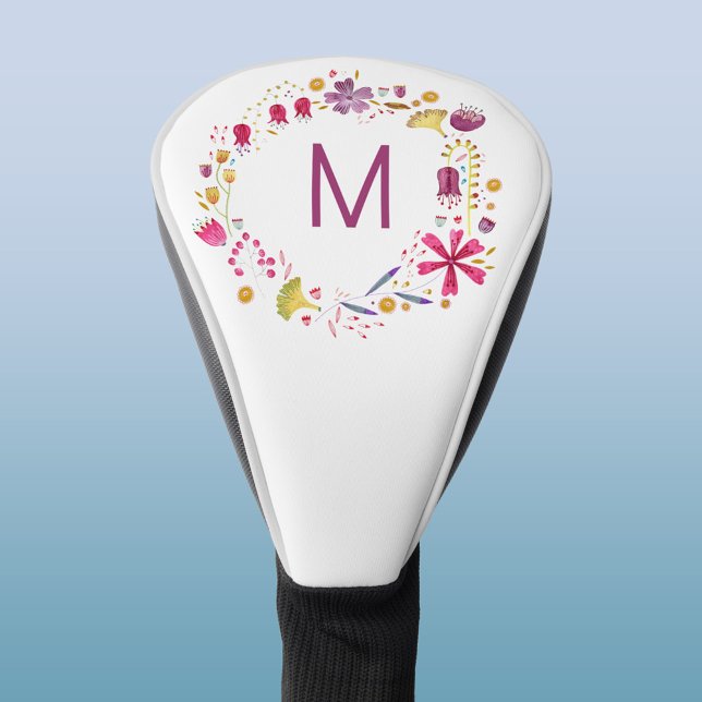 Modern Watercolor Flower Monogram Golf Head Cover (Modern monogram initial personalized watercolor wildflower floral golf head cover)