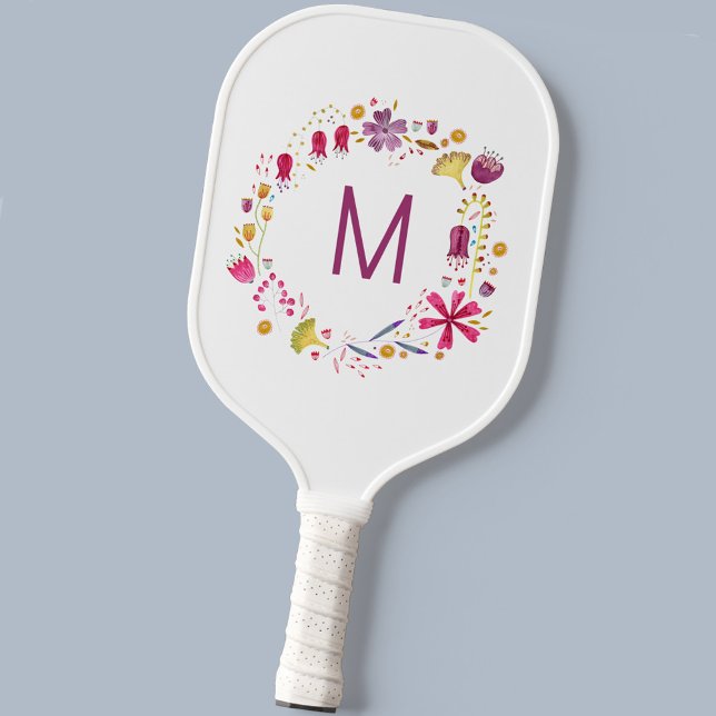 Modern Watercolor Flower Monogram Pickleball Paddle (Modern monogram initial personalized watercolor wildflower floral pickleball paddle)